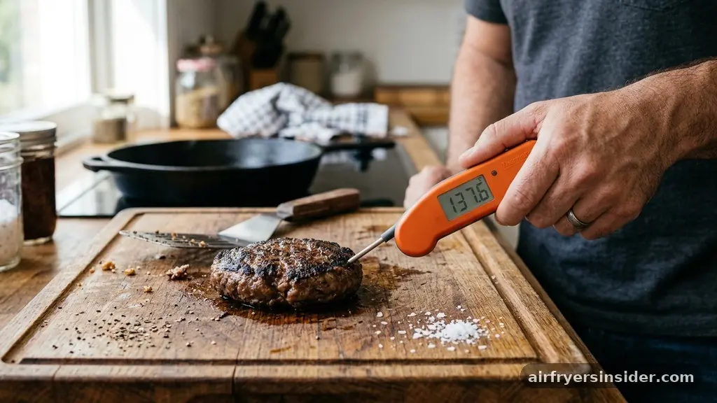 Checking for Doneness with a Food Thermometer - can you cook a burger in an air fryer